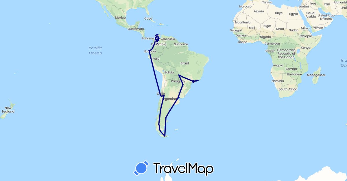 TravelMap itinerary: driving in Argentina, Brazil, Chile, Colombia, Ecuador, Paraguay, Uruguay (South America)